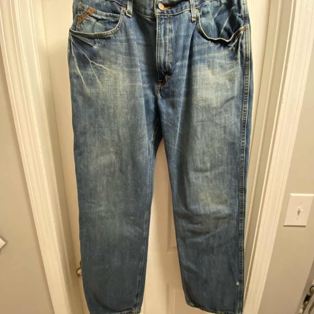 Ariat Blue Relaxed Loose Jeans with Distressed Look and Classic Denim Stitching